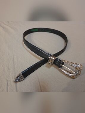 Black Western-Style Leather Belt with Decorative Silver-Tone Buckle